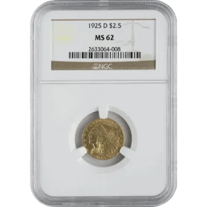 $2.50 Indian Head Gold Quarter Eagle NGC MS62 (Random Year)