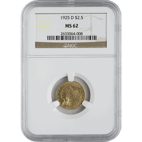$2.50 Indian Head Gold Quarter Eagle NGC MS62 (Random Year)