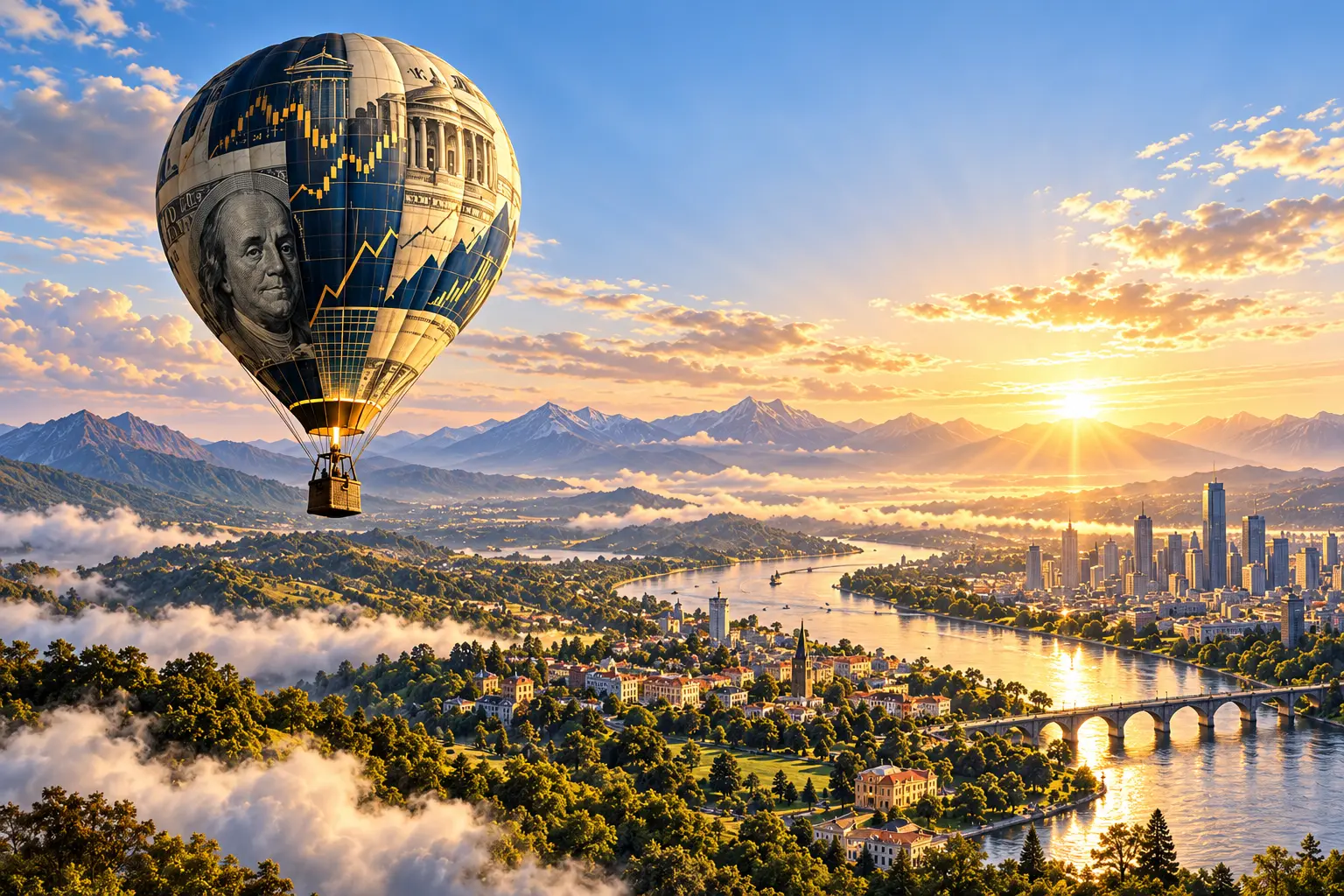 A portfolio hot-air balloon enjoying a calm ride above a prosperous market landscape
